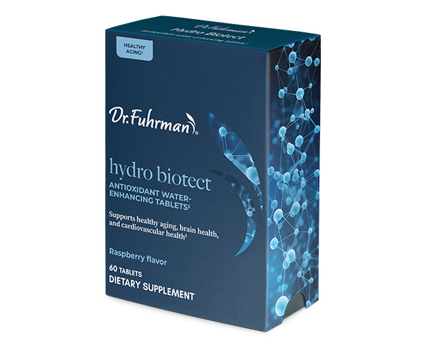 Dr. Fuhrman Hydro Biotect antioxidant water-enhancing tablets in a dark blue box: supports healthy aging, brain health, and cardiovascular health; raspberry flavor, 60 tablets.