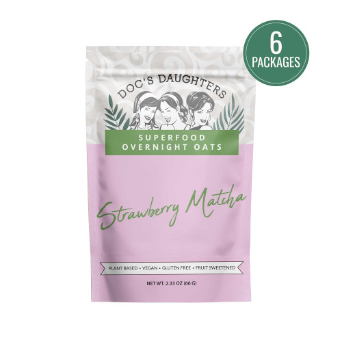 Doc's Daughters Strawberry Matcha Superfood Overnight Oats pouch, 2.33 oz, in a 6-package pack. Plant based, vegan, gluten free, and fruit sweetened.