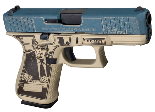 Glock PA195S204NGOA G19 Gen 5 Gulf of America Compact Frame 9mm Luger 15+1 4.02" Black GMB Barrel, Distressed Blue Steel Serrated Slide, Tan w/Trump Polymer Frame w/Picatinny Rail, Ambidextrous        Glock PA195S204NGOA G19 Gen 5 Gulf of America Compact Frame 9mm Luger 15+1 4.02" Black GMB Barrel, Distressed Blue Steel Serrated Slide, Tan w/Trump Polymer Frame w/Picatinny Rail, Ambidextrous