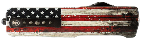 Templar Knife  Premium Weighted  Slim 3.16" OTF Drop Point Plain Black Oxide Stonewashed Powder Coated D2 Steel Blade, 4.93" Painted Wood Grain US Flag Aluminum Zinc Alloy Handle                       Templar Knife  Premium Weighted  Slim 3.16" OTF Drop Point Plain Black Oxide Stonewashed Powder Coated D2 Steel Blade, 4.93" Painted Wood Grain US Flag Aluminum Zinc Alloy Handle