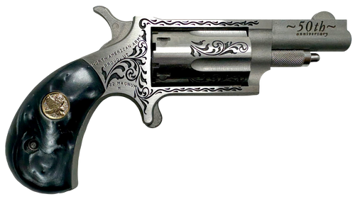 North American Arms 22M50B 50th Anniversary  22 Mag 5 Shot 1.63" Matte Stainless w/"50th Anniversary" & Scroll Engraving, Black Pearl Grip, Exposed Hammer                                              