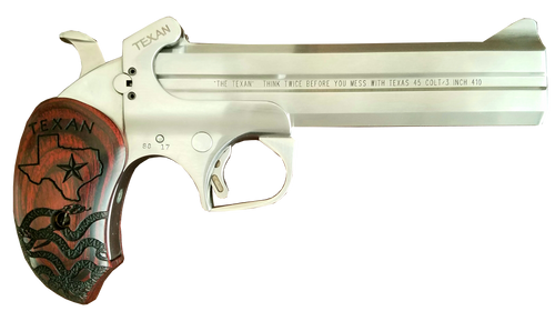 Bond Arms BATX Texan  Derringer Single 45 Colt (LC)/410 Gauge 2rd, 6" Stainless Steel Double Barrel & Frame, Blade Front/Fixed Rear Sights, Custom Engraved Rosewood Grip, Manual Safety                