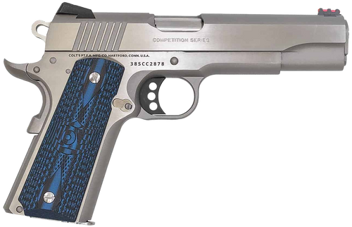 Colt Mfg O1073CCS Competition Government 38 Super 9+1 5" Stainless National Match Barrel, Serrated Slide & Frame w/Beavertail, Checkered Blue G10 Grip, Ambidextrous                                    