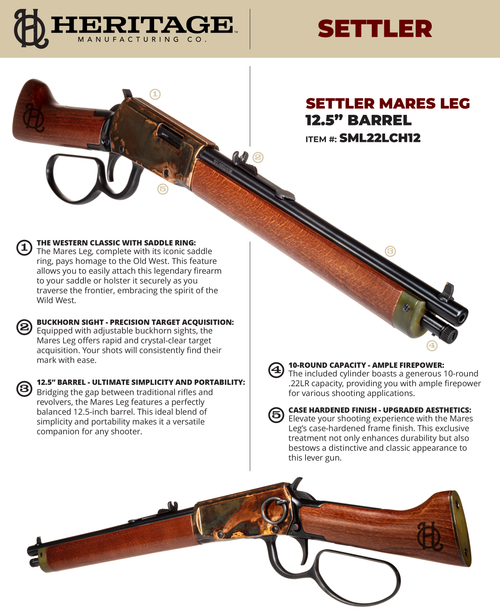 Heritage Mfg SML22LCH12 Settler Mare's Leg 22 LR 10+1 12" Black Oxide Barrel, Color Case Hardened Receiver, Light Stained Walnut Furniture, Buckhorn Sights                                             