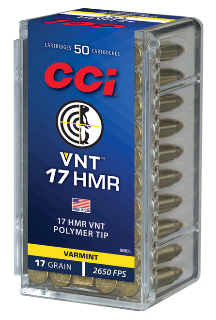 CCI 959CC VNT Rimfire 17HMR 17gr Varmint Tipped 50 Per Box/40 Case                                                                                                                                      
