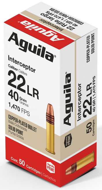 Aguila 1B220320 Interceptor  22LR 40gr Copper Plated Solid Point 50 Per Box/20 Case                                                                                                                     