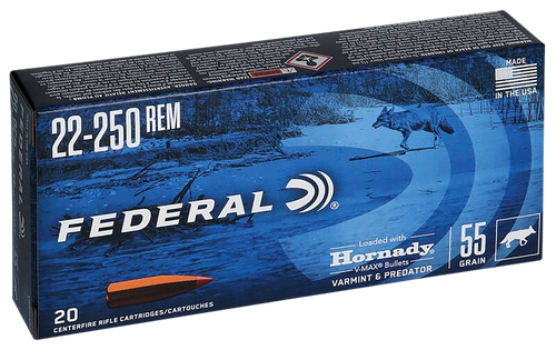 Federal V22250VM2 Varmint & Predator  22-250Rem 55gr Hornady V-Max 20 Per Box/10 Case                                                                                                                   