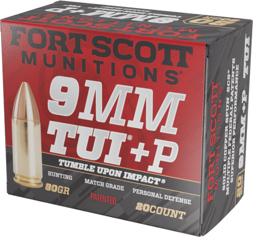 Fort Scott Munitions 9MM+P-080-SCV Tumble Upon Impact (TUI)  9mm+P 80gr Solid Copper Spun 20 Per Box/25 Case                                                                                            