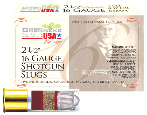 Brenneke SL162BR Brenneke 16  16Gauge 2.50" 1oz Slug Shot 5 Per Box/50 Case                                                                                                                             