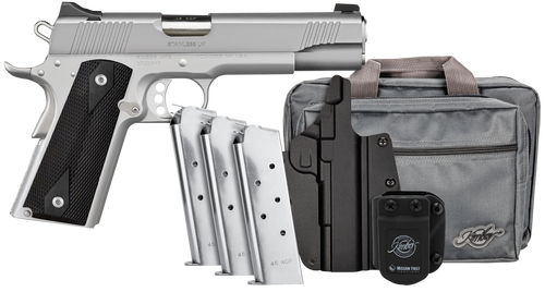 Kimber Mfg, Inc 3700826 Stainless LW Club Bundle Full Size Frame 45 ACP 7+1 5" Stainless Match Grade Barrel, Serrated Stainless Steel Slide, Stainless Aluminum Frame w/Beavertail, Black Textured Grip 