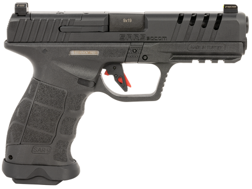 SAR USA SAR9SOCOMBL SAR9 SOCOM 9mm Luger 21+1 5.20" Black Steel Barrel, Black Steel Optic Ready/Ported/Serrated Slide, Black Polymer Frame w/Picatinny Rail, Interchangeable Backstrap Grip, Right Hand 