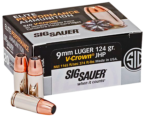 Sig Sauer E9MMA220 Elite Performance  9mmLuger 124gr V-Crown Jacketed Hollow Point 20 Per Box/10 Case                                                                                                   