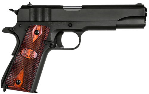Auto-Ordnance 1911BKOW 1911 A1 GI Spec 45 ACP 7+1, 5" Stainless Steel Barrel, Matte Black Serrated Carbon Steel Slide & Frame w/Beavertail, Checkered Wood w/Integrated US Logo Grip                    