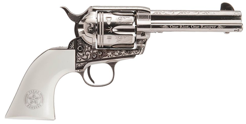 Cimarron PP410LNTXR Frontier Texas Ranger 45 Colt (LC) 6 Shot, 4.75" Engraved Nickel-Plated Steel Barrel, Cylinder & Frame, Engraved "One Riot, One Ranger" Ejector Rod, White Polymer Grip             