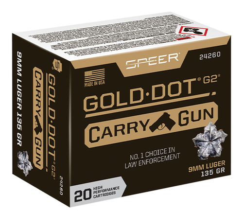 Speer 24260 Gold Dot Carry Gun 9mmLuger 135gr Hollow Point 20 Per Box/10 Case                                                                                                                            Speer 24260 Gold Dot Carry Gun 9mmLuger 135gr Hollow Point 20 Per Box/10 Case