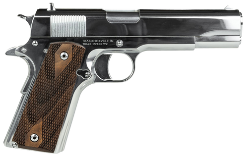 Tisas 10100513 1911 Regulator Full Size Frame 9mm Luger/38 Super 9+1 5" Stainless Steel Barrel, Polished Chrome Steel Serrated Slide, Chrome High Polished Steel Frame w/Beavertail, Turkish Walnut Grip