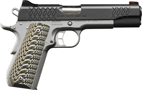 Kimber Mfg, Inc 3000350 Aegis Elite Custom 9mm Luger 9+1 5" Stainless Match Grade Barrel, KimPro II Black Serrated Stainless Steel Slide, Satin Silver Stainless Steel Frame w/Beavertail, G10 Grip     