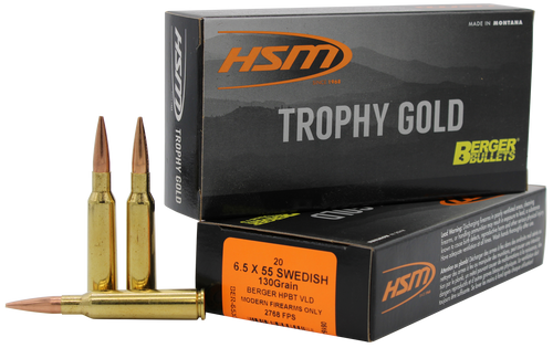 HSM 65X55130VLD Trophy Gold Extended Range 6.5x55 Swedish 130 gr Berger Hunting VLD Match 20 Per Box/ 25 Case                                                                                           
