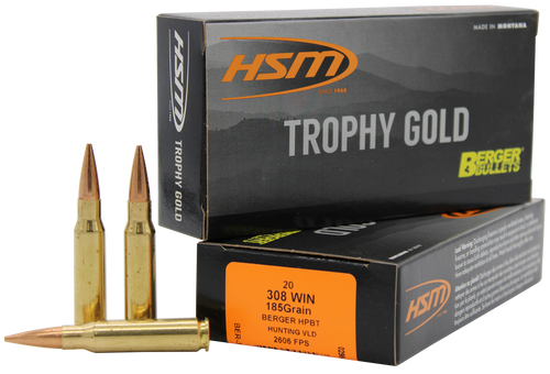 HSM 308185VLD Trophy Gold Extended Range 308 Win 185 gr Berger Hunting VLD Match 20 Per Box/ 25 Case                                                                                                    