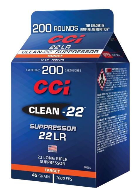 CCI 980CC Clean-22 Suppressor 22 LR 45 gr Lead Round Nose 200 Per Box/ 10 Case                                                                                                                           CCI 980CC Clean-22 Suppressor 22 LR 45 gr Lead Round Nose 200 Per Box/ 10 Case