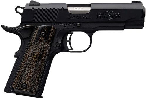 Browning 051815490 1911 Black Label Compact 22 LR 10+1 3.63" Stainless Steel Barrel, Matte Black Serrated Slide & Polymer Frame w/Beavertail, Black Laminate Stippled Grip                              