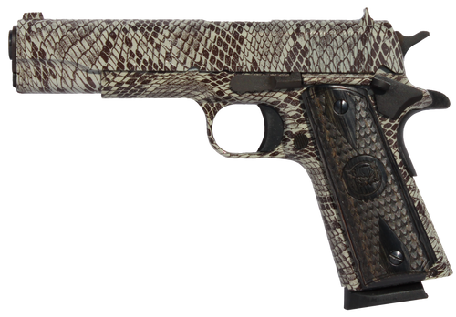 Iver Johnson Arms 1911A1COPPERHEAD 1911 A1 Copperhead 45 ACP 8+1 5" Black Steel Barrel, Tan Snakeskin Hydrographic Serrated Steel Slide & Frame w/Beavertail, Black Snakeskin Diamondwood Grip          