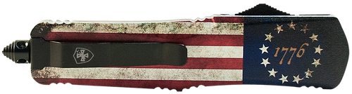 Templar Knife MBRF331 Gen II Betsy Ross Flag Slim 3.43" OTF Drop Point Plain Black Oxide Stonewashed Black 440C SS Blade, 5.05" Betsy Ross Flag Aluminum Handle Glass Breaker                           