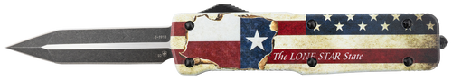 Templar Knife LZTX121 Premium Weighted Texan Large 3.55" OTF Dagger Plain Black Oxide Stonewashed D2 Steel Blade, 5.25" Red/White/Blue w/"The LONE STAR State" Aluminum Zinc Alloy Handle               