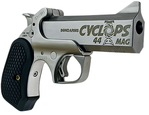 Bond Arms BACYP Cyclops Big Bore 44 Mag 1rd 4.25"  Stainless Steel w/Engraved Barrel, Matte Stainless Frame, Black Extended B6 Resin Grip                                                               