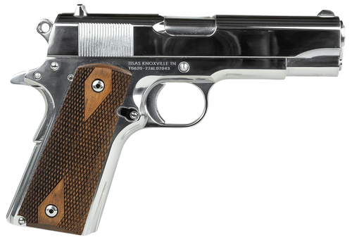 SDS Imports 10100112 1911A1 Desperado 38 Super/9mm Luger 9+1 4.25" Hard Chrome Plated Barrel, High Polished Chomium Coated Serrated Steel Slide & Frame w/Beavertail, Checkered Wood Grips              
