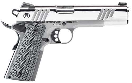 Bersa B19117050PMBG B1911 Mirror Full Size Frame 45 ACP 8+1 5" Stainless Steel Barrel, Polished Stainless Serrated Steel Slide, Stainless Steel Frame w/Beavertail, Gray VZ Grip, Ambidextrous          