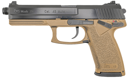 HK 81000869 Mark 23  45 ACP 10+1 5.87" Black Threaded Barrel, Black Cerakote Serrated Steel Slide, Flat Dark Earth Polymer Frame w/Accessory Rail, Textured Grip                                        