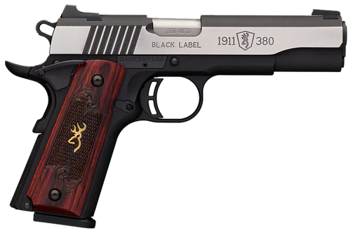 Browning 051912492 1911-380 Black Label Medallion Pro 380 ACP 8+1 4.25" Target Crown Barrel, Blackened w/Silver Polished Flats Serrated SS Slide, Matte Black Polymer Frame  w/Beavertail               