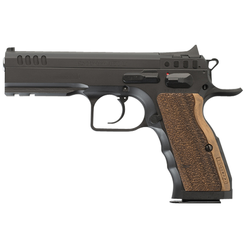 Tanfoglio IFG TFSTOCKI9SF Defiant Stock I 9mm Luger Caliber with 4.50" Barrel, 16+1 Capacity, Overall Black Finish Steel, Picatinny Rail/Beavertail Short Frame, Serrated Slide & Wood Grip              Tanfoglio IFG TFSTOCKI9SF Defiant Stock I 9mm Luger Caliber with 4.50" Barrel, 16+1 Capacity, Overall Black Finish Steel, Picatinny Rail/Beavertail Short Frame, Serrated Slide & Wood Grip