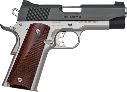 Kimber Mfg, Inc 3200320 Pro Carry II  45 ACP 7+1 4" Stainless Match Grade Barrel, Matte Black Brushed Serrated Steel Slide, Satin Silver Aluminum Frame w/Beavertail, Rosewood Grip                     