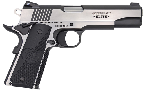 Colt Mfg O1072CE 1911 Combat Elite Government 9mm Luger 5" 9+1 Overall Two-Tone Elite Finish Stainless Steel Frame & Slide with Half Checkered & Scalloped Black G10 Grip & Night Sights                