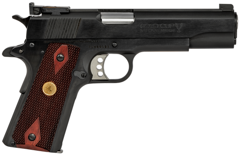 Colt Mfg O5873A1 1911 Gold Cup 38 Super Caliber with 5" National Match Barrel, 9+1 Capacity, Overall Blued Finish Steel, Serrated Slide & Double Diamond Checkered Rosewood Grip                        