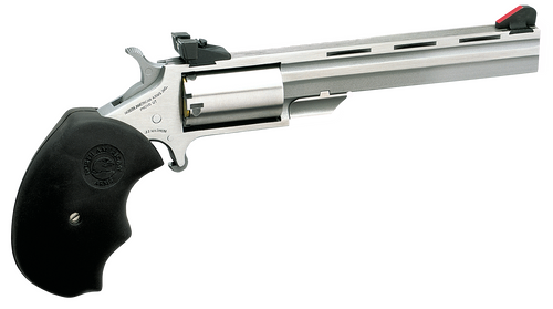 North American Arms MMTM Mini-Master *CA Compliant 22 WMR 5 Shot 4" Stainless Steel Vent Rib Barrel, Stainless Steel Frame, Stainless Cylinder, Black Finger Grooved Rubber Grip, Exposed Hammer        