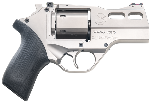 Chiappa Firearms CF340290 Rhino 30SAR *CA Compliant Small Frame 357 Mag 6 Shot, 3" Nickel-Plated Steel Vent Rib Barrel & Cylinder, Nickel-Plated Aluminum Frame, Black Rubber Grip, Concealed Hammer    