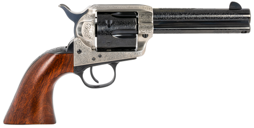 Taylors & Company 550924 1873 Cattleman 357 Mag Caliber with 4.75" Blued Floral Engraved Finish Barrel, 6rd Capacity Blued Finish Cylinder, Coin Photo Engraved Finish Steel Frame & Walnut Grip        
