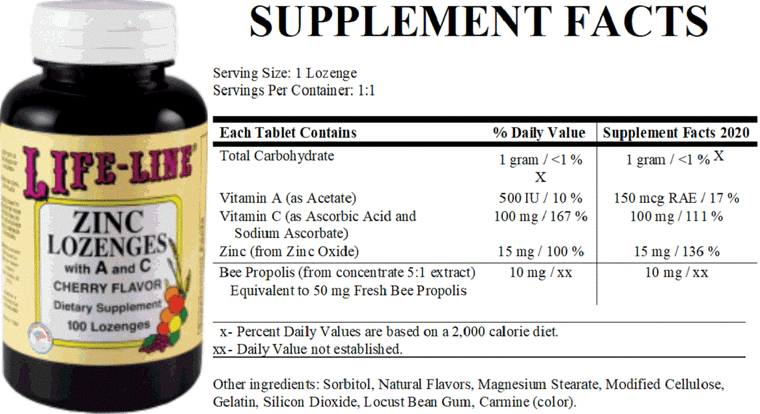 Zinc lozenges 15 mg with vitamins A and C
