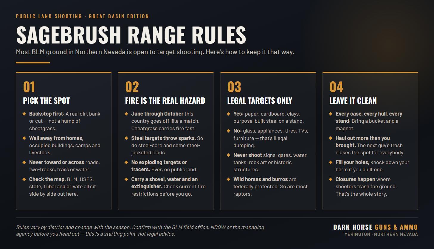 Infographic: rules for target shooting on public land in Northern Nevada, including fire season precautions and cleanup