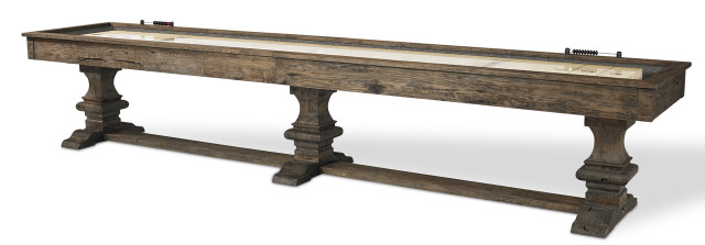 Beaumont Shuffleboard Table | 12 or 14 foot | Silvered Oak Finish | Oak Wood | Plank and Hide | SKU# 11077