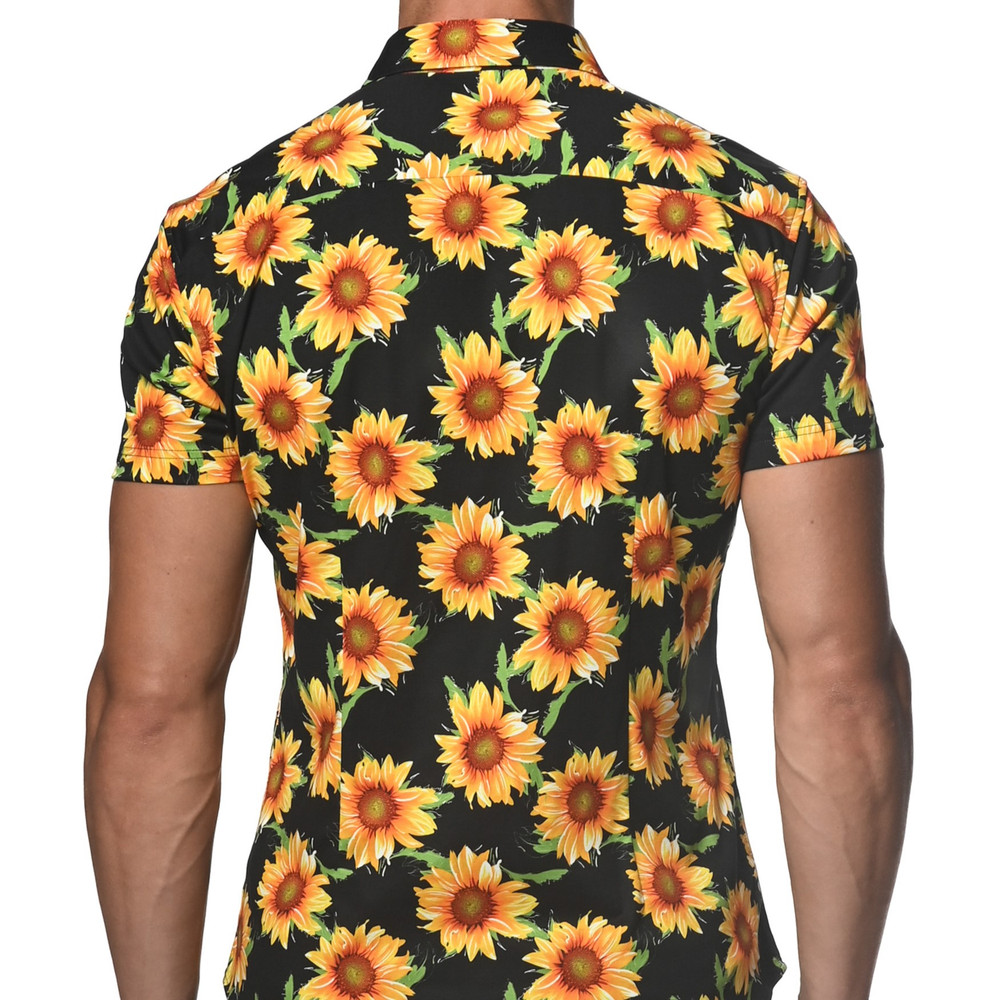 ST33LE - Floral Printed Jersey Knit Shirt - Yellow/Black Sunflowers