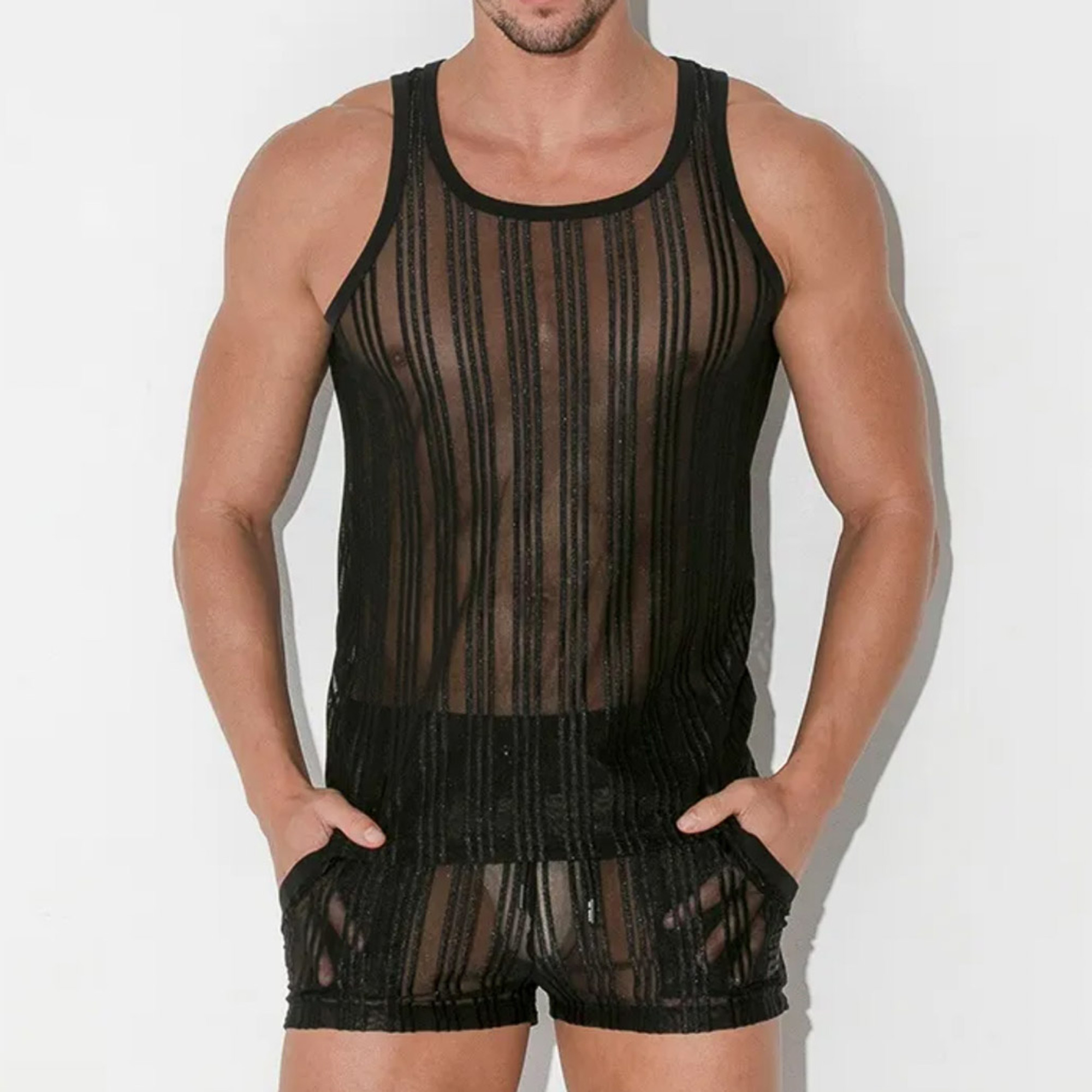 Code 22 - Mesh Pinstripe Tank Top - Black