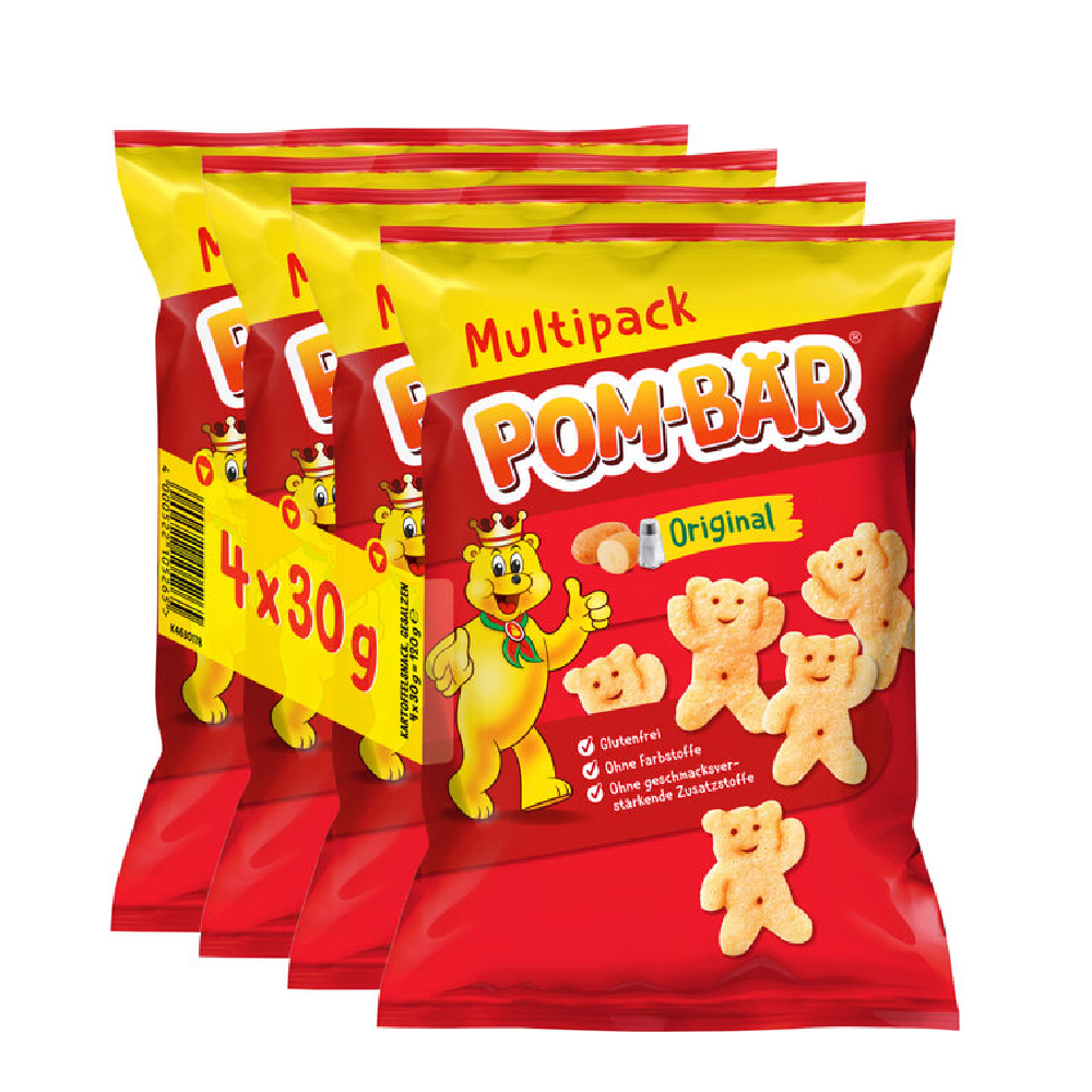 POM-BÄR Original 4×30g – multipack of bear-shaped potato snacks in yellow packaging.