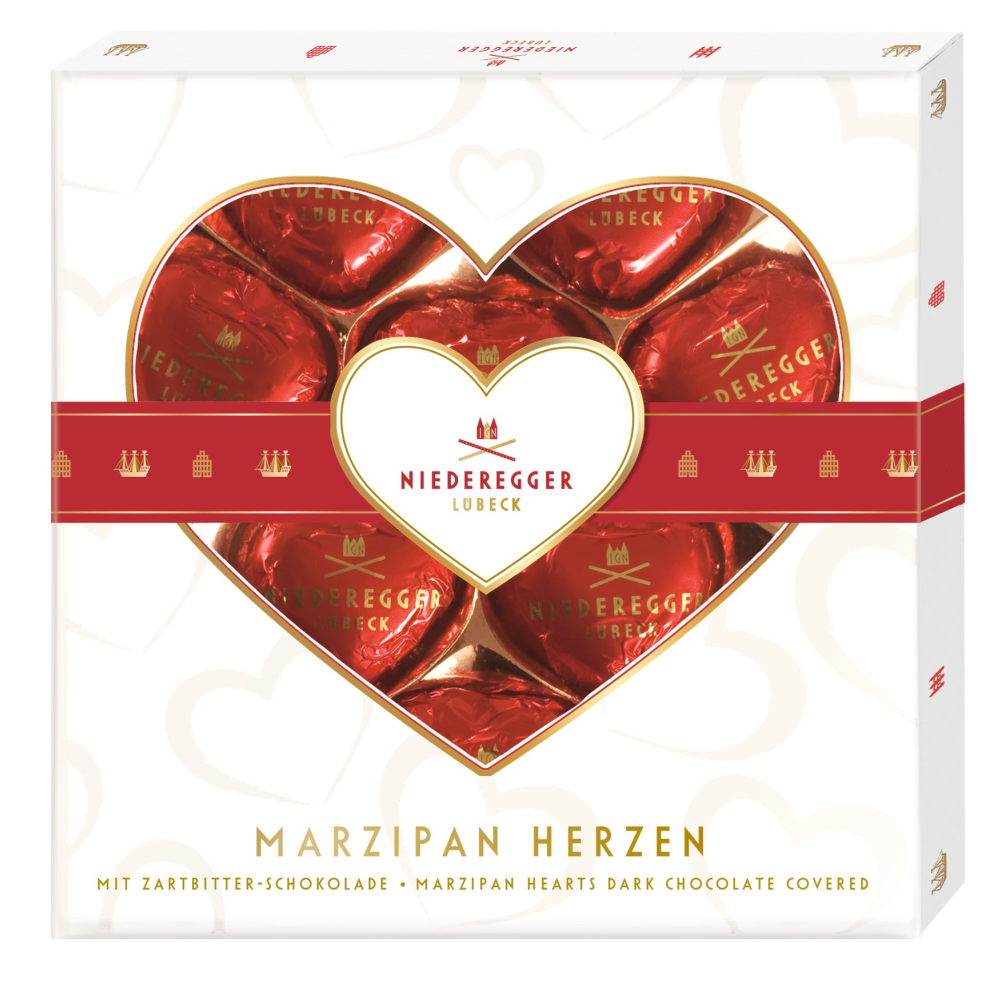 Niederegger Marzipan Hearts 125g – heart-shaped premium German almond marzipan chocolates in a gift pack (EAN 4000161090106)