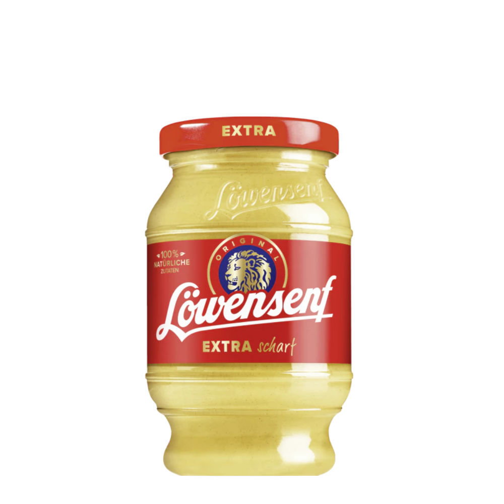 Löwensenf Mustard Extra 250ml in glass jar – extra hot German mustard with strong, aromatic bite (EAN 0000042094722)