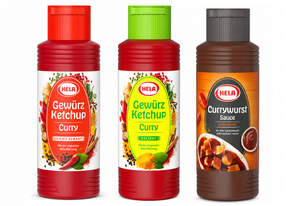 Germany Sauce Lovers Bundle – Hela Spice Ketchup Curry Light Spicy 300ml, Hela Delicate Mild Ketchup 300ml and Hela Currywurst Sauce (EAN 4027400148398, 4027400148343, 4027400154153).