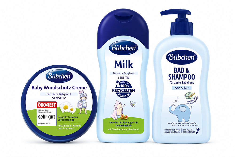 Baby Bath Time Bundle with Bubchen Baby Bath & Shampoo 400ml, Bubchen Sensitive Body Milk 400ml and Bubchen Diaper Rash Cream 150ml.